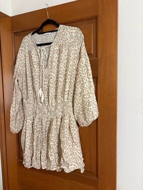 Beige Leopard Print Peasant Dress